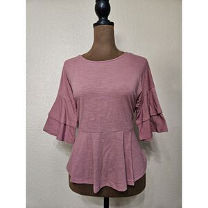 Derek Heart Women’s Peplum Ruffle Sleeve Top Mauve Pink Size Medium
